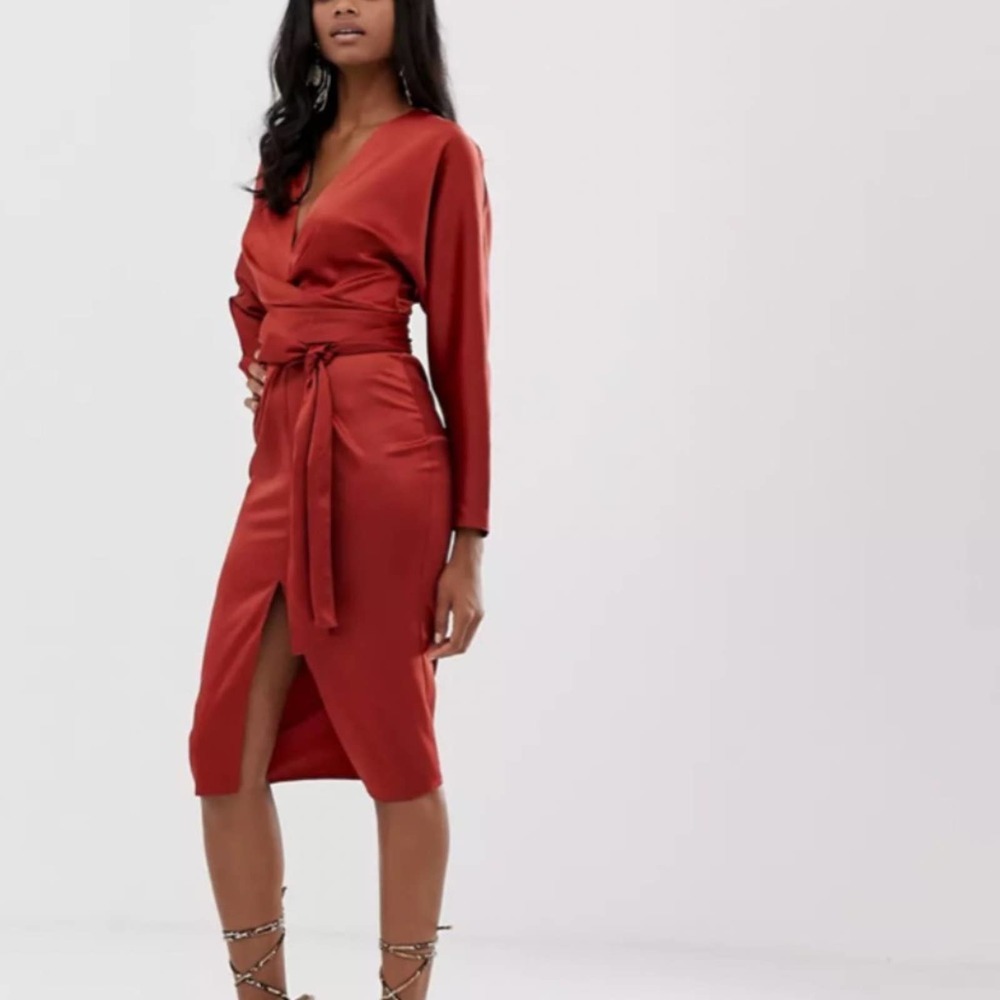 Asos satin midi dress with batwing sleeves in rust